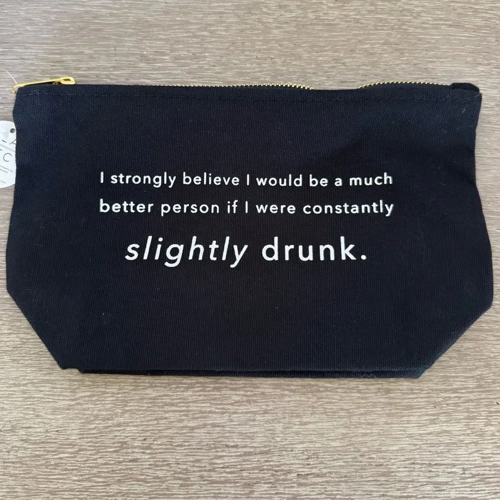 Slightly Drunk Black Canvas Zipper Pouch Makeup Bag LATC